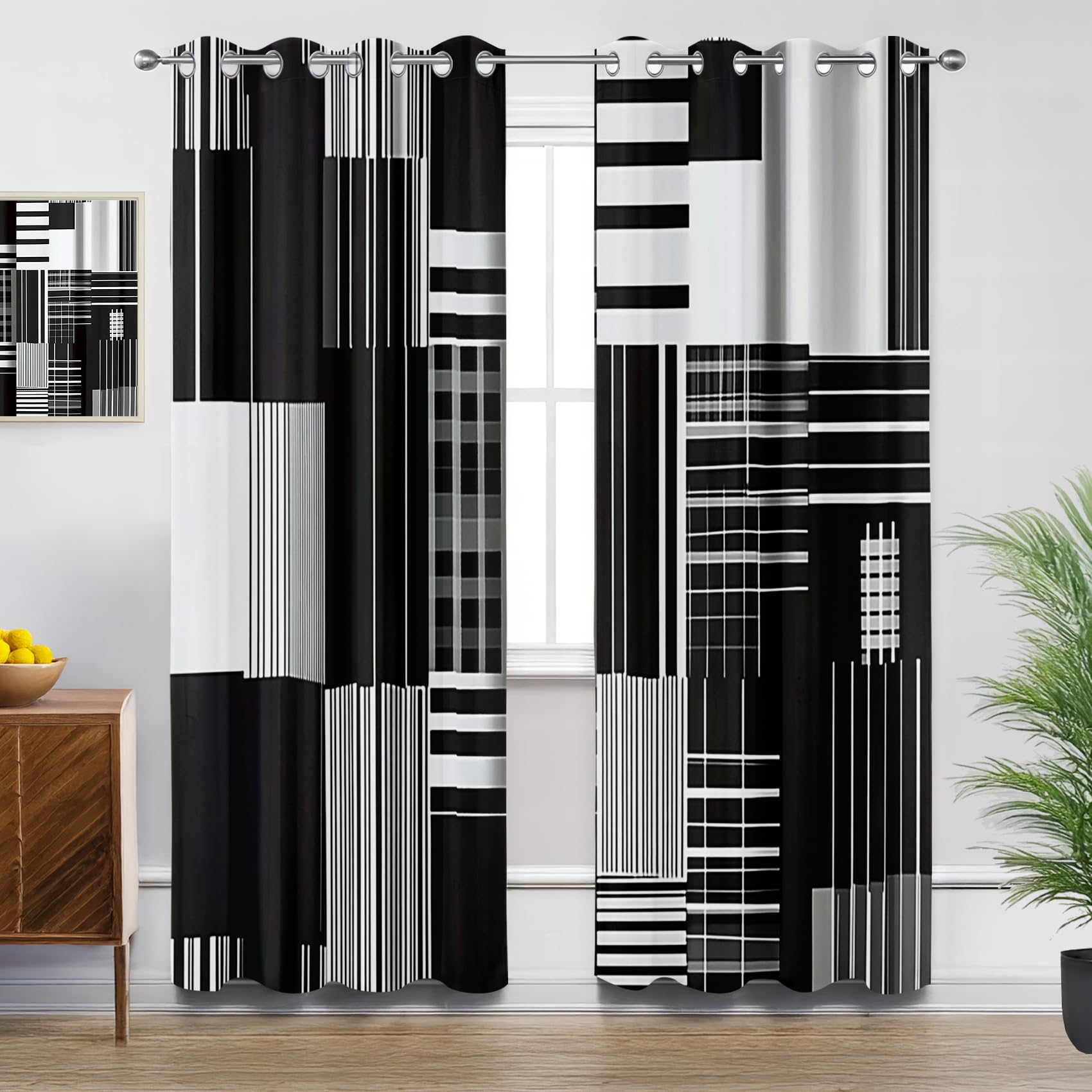 Stripe Curtains for Living Room, Black White Geometric Modern Abstract Blackout Curtains Thermal Insulated Extra Long Bedroom Curtain Eyelet, W90 X D108, 2 Panels Drapes Home Decorations