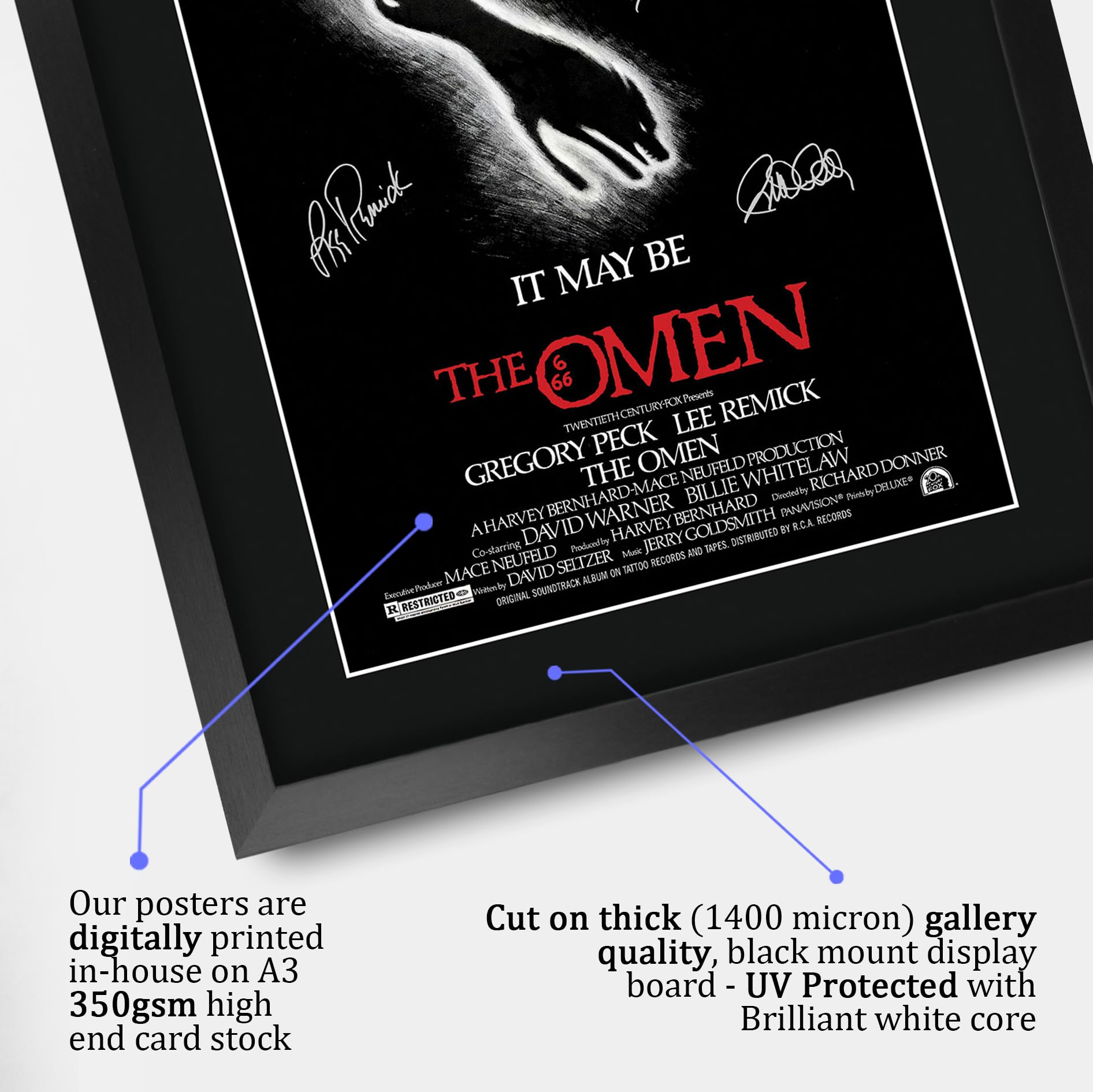 HWC Trading FR A3 The Omen (1976) Geschenke Geduckter Poster Signiertes Autogramm Foto für Fans von Film Memorabilien - A3 Gerahmt