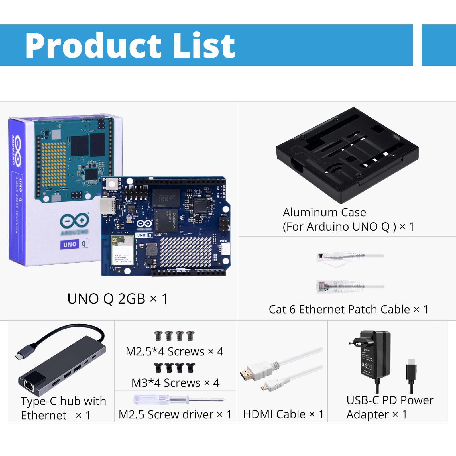 GeeekPi Starter Kit per Arduino UNO Q - Kit di sviluppo KI & Embedded con 2 GB di RAM, 16 GB eMMC, alloggiamento in alluminio, hub USB-C, alimentatore, cavo HDMI, cavo patch Ethernet Cat6 e accessori