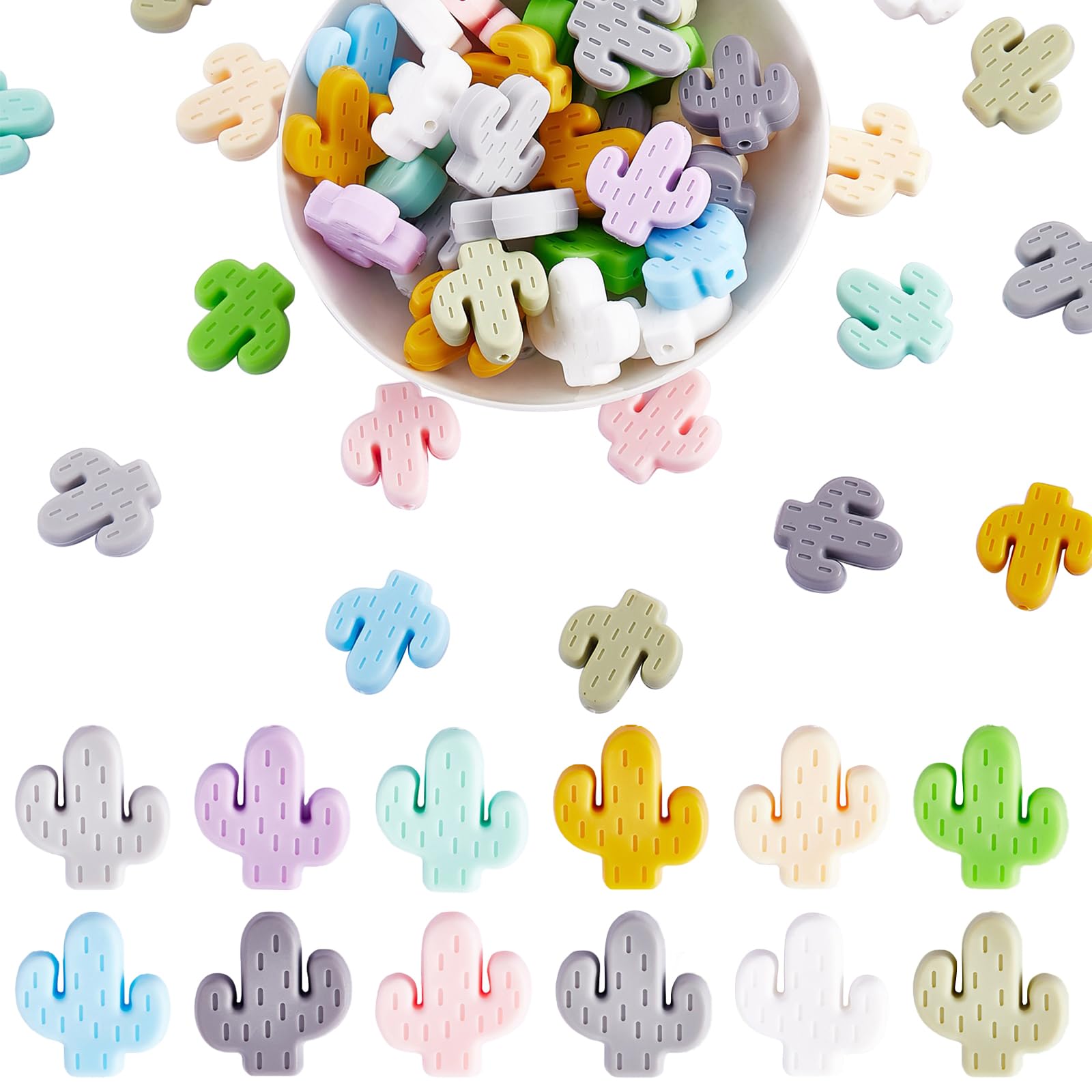 HUAAPLEVLA 60Pcs Cactus Silicone Beads for Keychain Making Unique Cartoon Focals Cute Plant Focal Beads for Pens Lanyards Bracelets DIY Crafts Jewelry Making Supplies