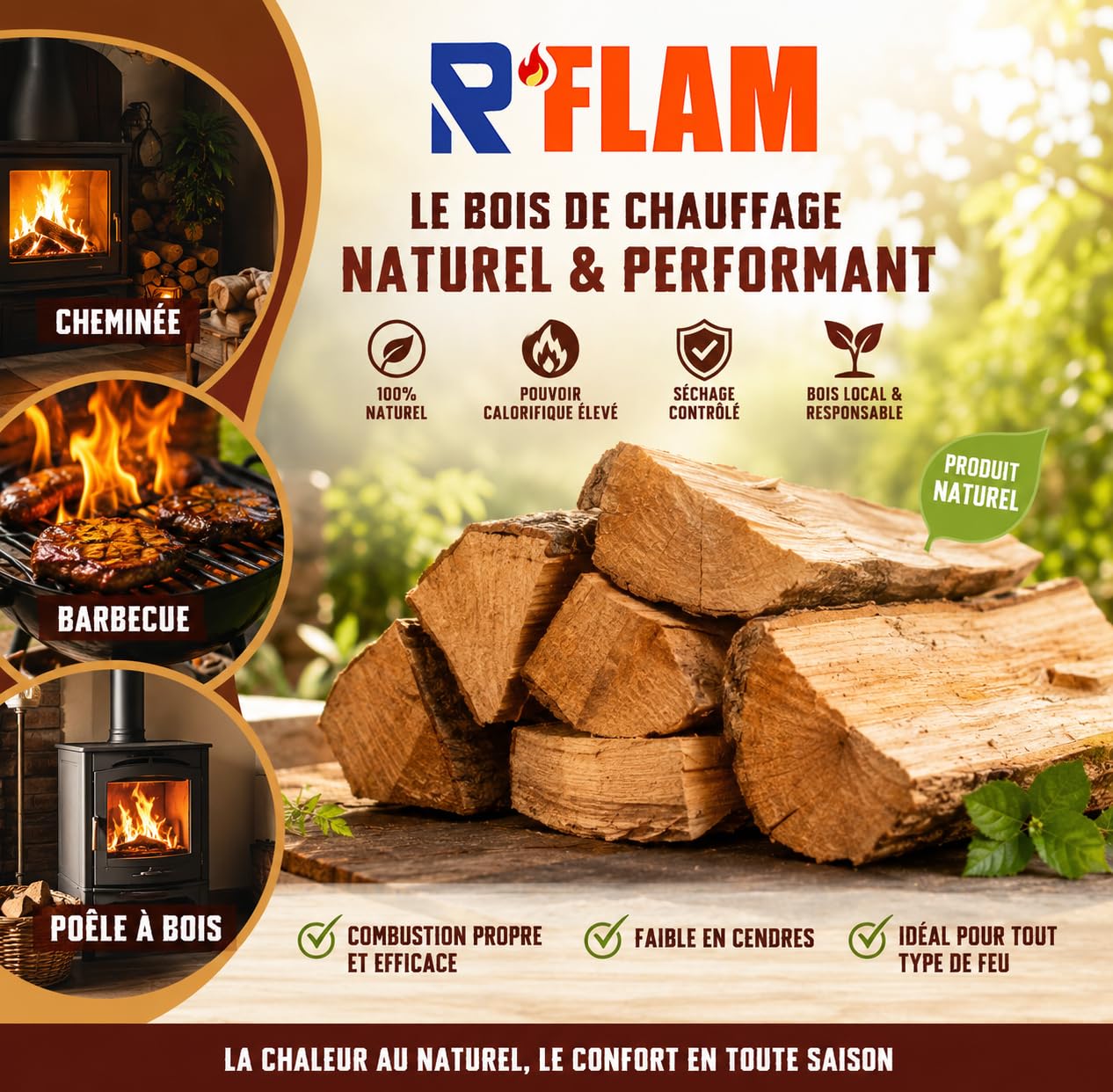 Bois de Chauffage 100% Chêne – Bûches 25 cm – Bois Sec Haute Performance – Idéal poêle, cheminée, Barbecue, braséro – R’FLAM - 14 KG