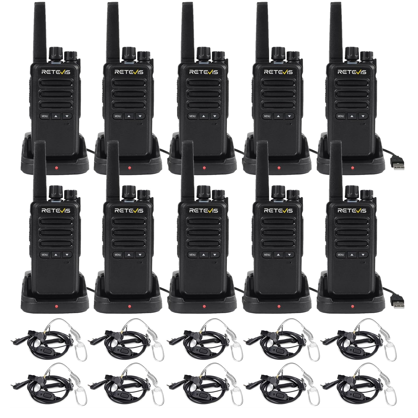 Retevis RT668B Walkie Talkie with Earton, Dwukierunkowe Radio PMR446, USB-C, 16 Kanałów, Dwukierunkowy Zestaw Radiowy dla Bezpieczeństwa, Restauracje, Magazyny (10 szt.)