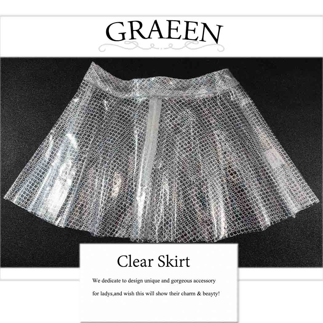 GRAEEN Women‘s Flared Pleated Skirts Sparkly See Through Mini Skirt High Waisted Clubwear Skirt Novelty Clear Skirt for Women