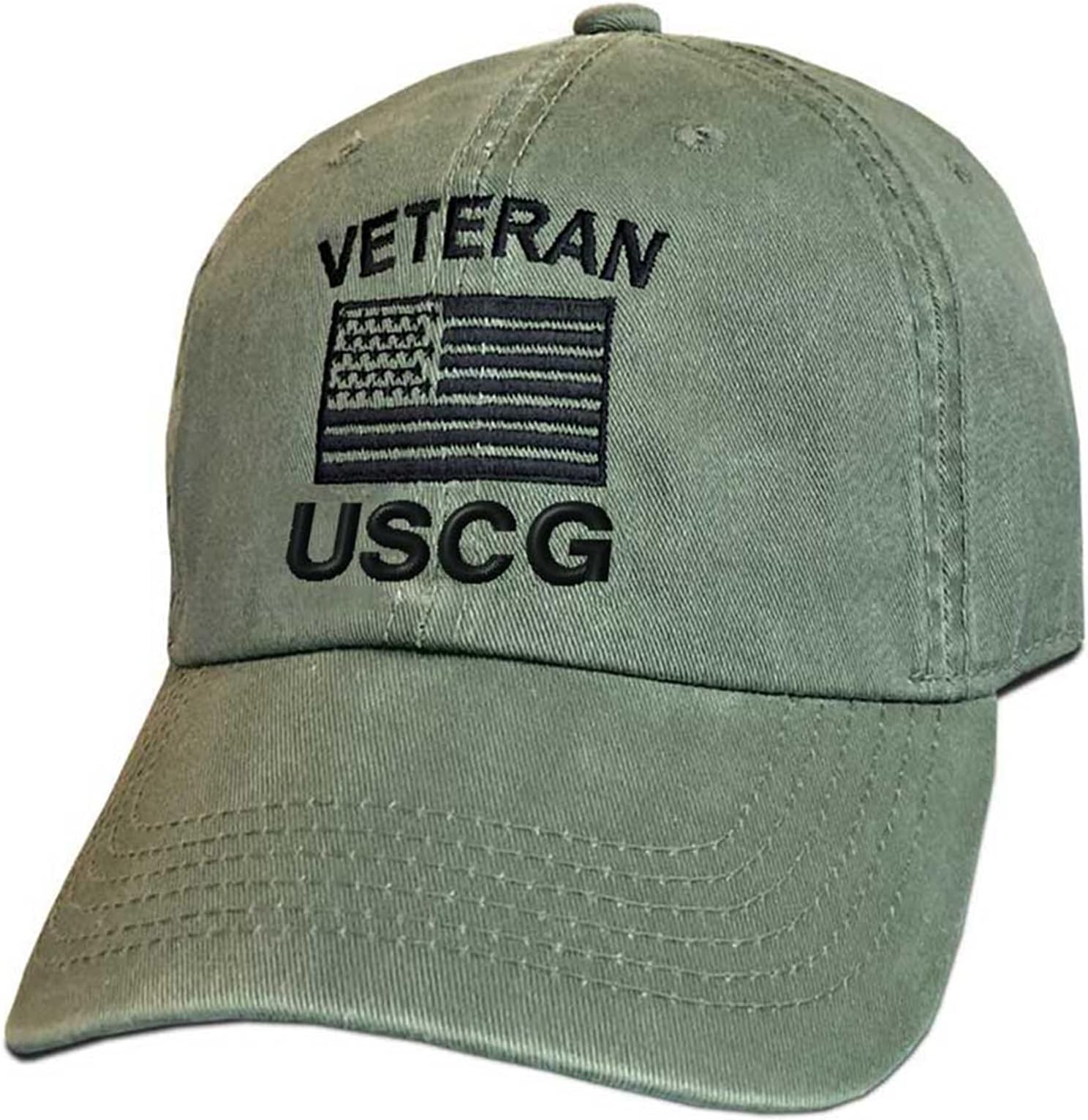 Officially Licensed USCG Veteran Hat with Embroidered Flag Vintage Green, Vintage Green, One Size-Large