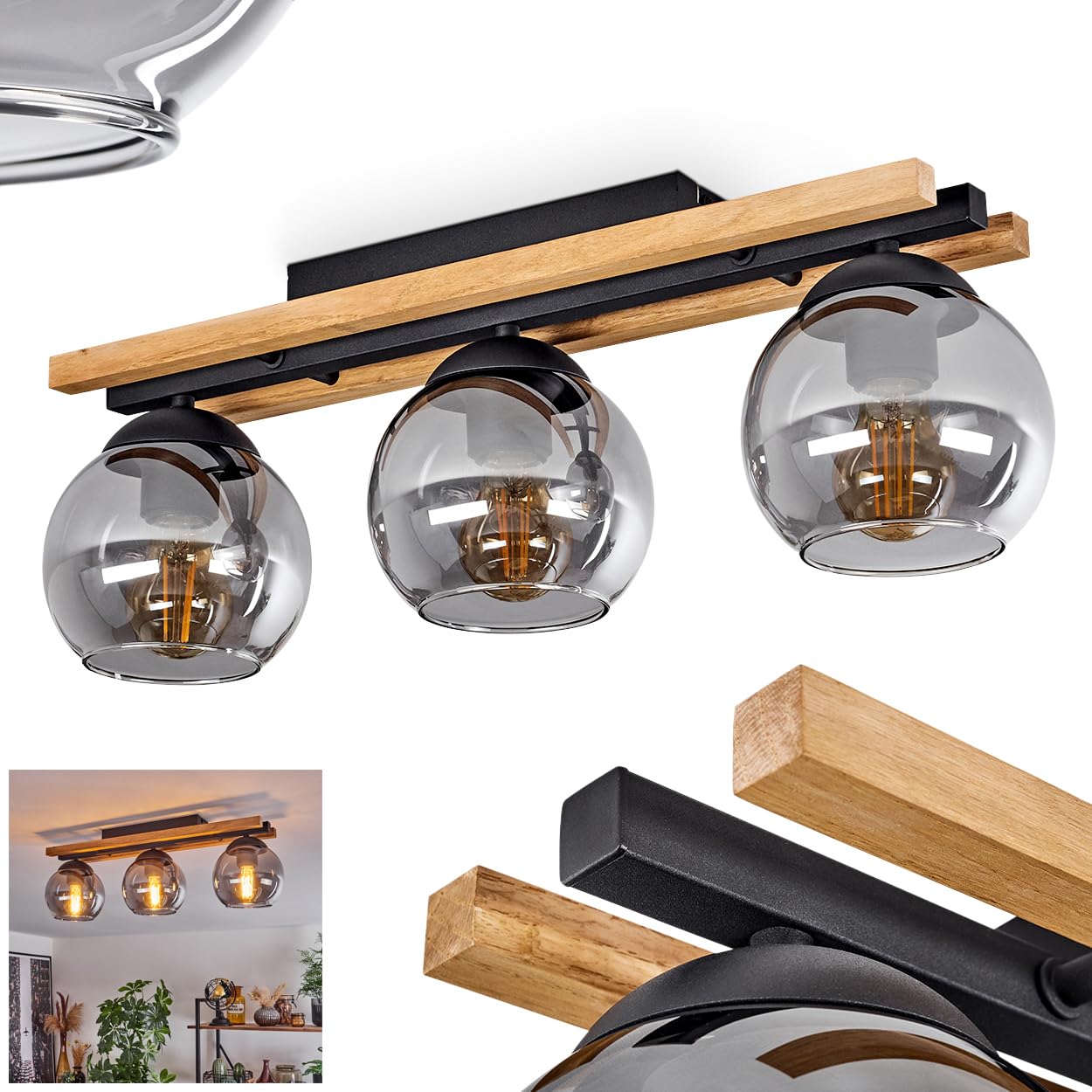 Hofstein Black Ceiling Lamp Podre, Modern Ceiling Lamp Made Of Metal/Wood/Glass In /Nature/Smoke Colour, Light In Retro/Vintage Design With Lampshades Made Of Glass (Ø 15 Cm), 3-Flame, 3 X E27, Without Bulbs