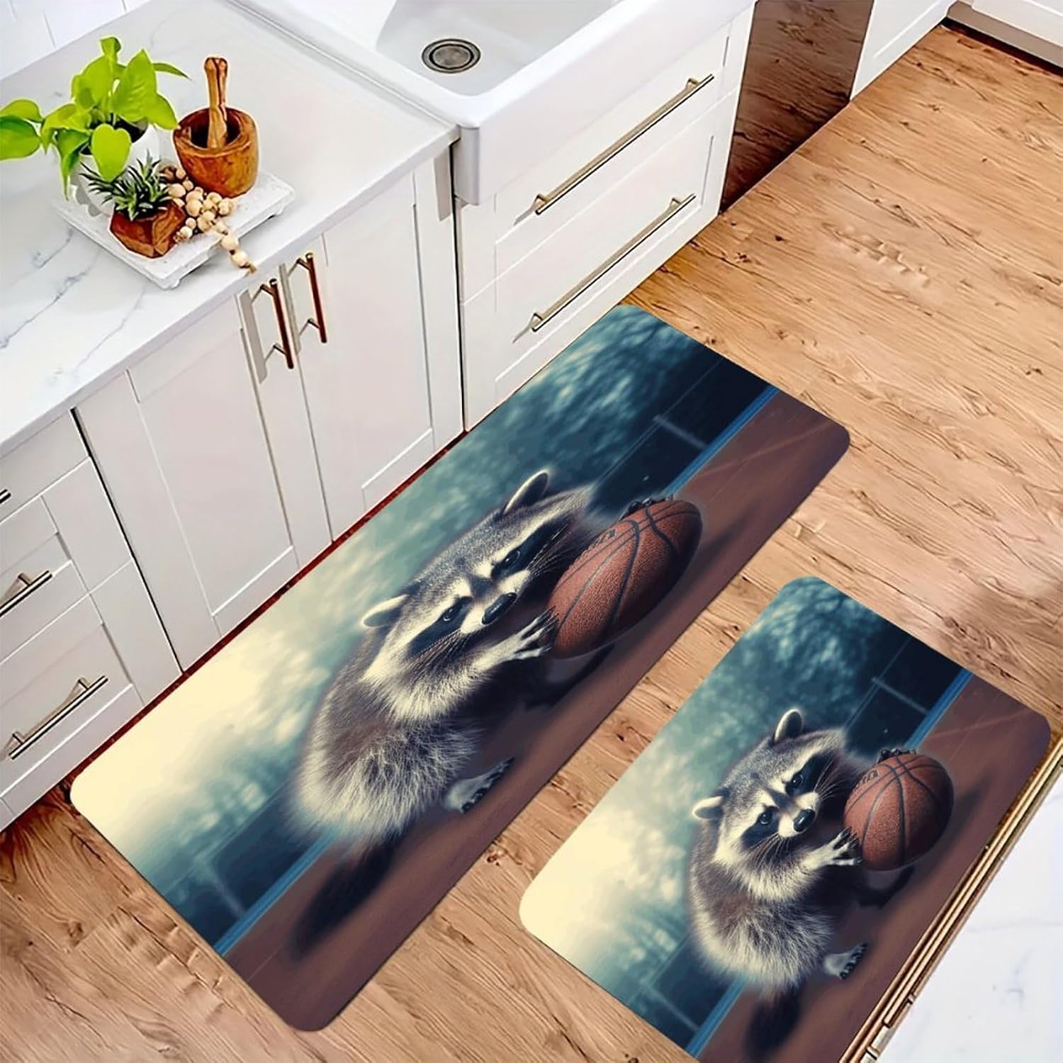 Funny Raccoon Basketball Kitchen Mat Washable Non Slip Rugs Soft Kitchen Mats for Floor Set of 2 PCS Cushioned Absorbent Runner Standing Rugs for Home Sink Laundry Office