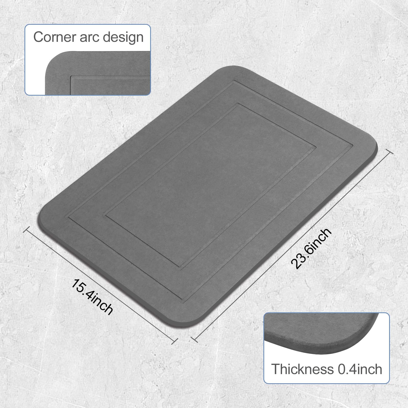 Lot de 2 Tapis de Bain en Pierre, Tapis de Douche en Terre de diatomée, antidérapant, Super Absorbant, séchage Rapide, Tapis de Sol pour Salle de Bain et Cuisine (Gris, 61 x 38,1 cm)