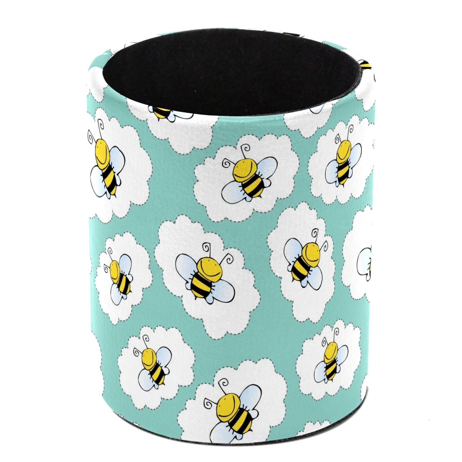 Luoweisi Cute Bee Pattern Pen Holder for Desk, Leather Pen Pot, Desk Pencil Holder Round Makeup Organiser Home Office School Suppliers