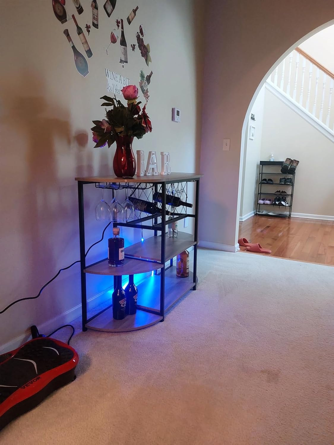 Gdrasuya10 Modern Metal Coffee Bar Cabinet with Outlet and LED Light Wine Rack Table Freestanding Floor Liquor Table with Glass Holder & Storage Shleves for Kitchen Dining Room, Gray