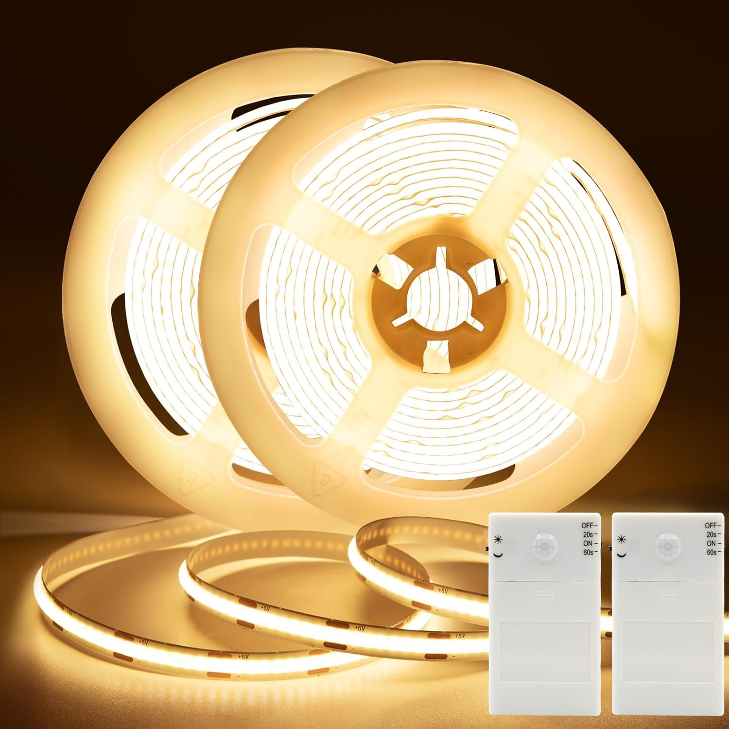 DBFAIRY 2 Pack COB Motion Sensor Strip Light Battery Operated, 6.6Ft 640 LED Cabinet Strip Lights High Bright with Sensor Lighting Mode for Wardrobe Stair Pantry Counter Cabinet Bed,6000K White
