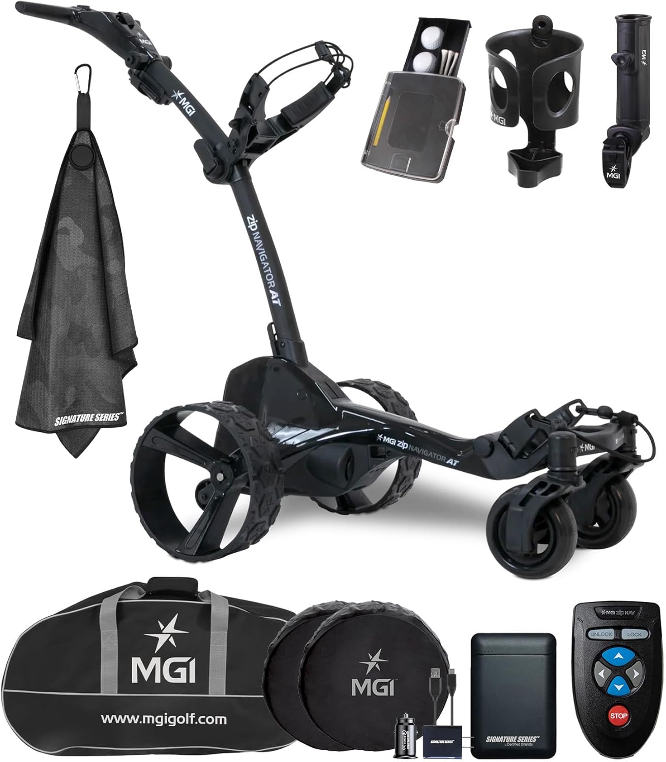 MGI Zip Navigator All Terrain Electric Golf Cart with Travel Bag | Full Directional Remote Controlled Motorized Golf Push Cart with Accessories and Signature Series Golf Towel | Plays 36 Holes