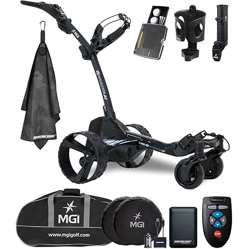 MGI Zip Navigator All Terrain Electric Golf Cart with Travel Bag | Full Directional Remote Controlled Motorized Golf Push Cart with Accessories and Signature Series Golf Towel | Plays 36 Holes