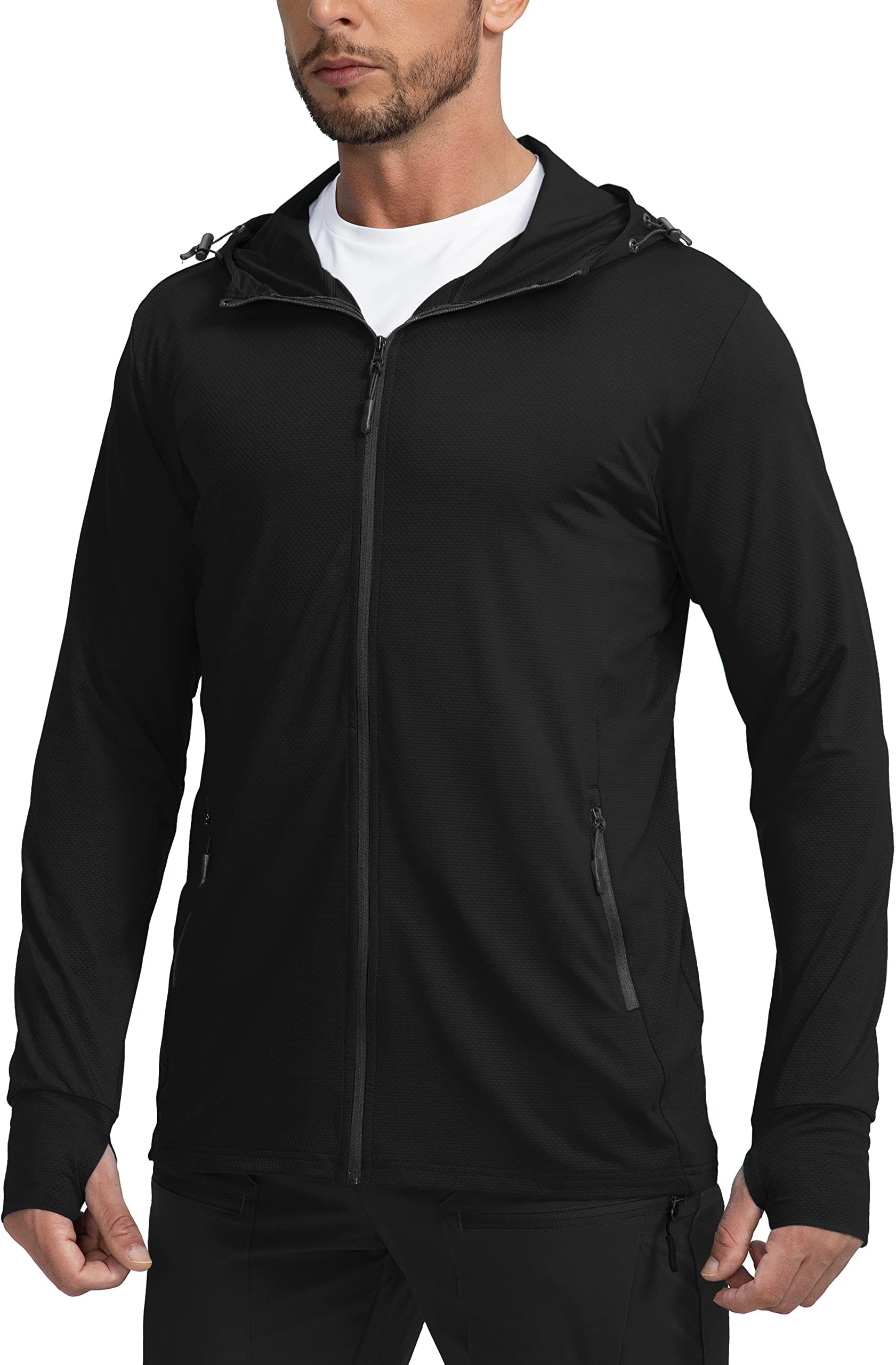 Men's UPF 50+ Light Jacket Full Zip Sun Protection Hoodie Long Sleeve Sun Shirts for Men Hiking Fishing Zip Pockets