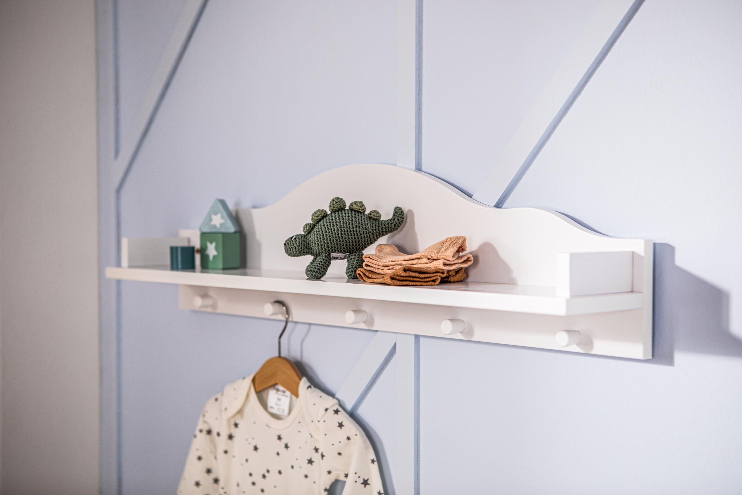 Puckdaddy® Wandregal Frederik, Weiß, Wolken-Design, Kinderzimmer | MDF, Weiß, Wolken-Design, Wandregal 80×20×14 cm, Belastbarkeit bis 2 kg