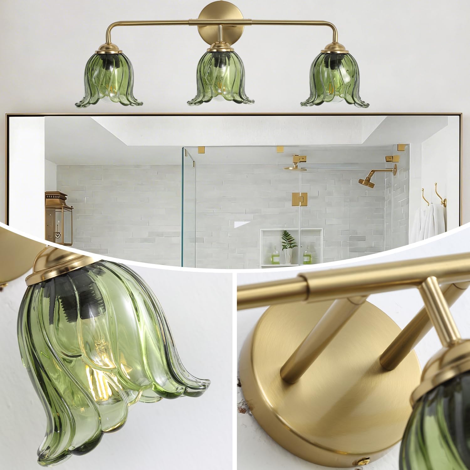3-Light Vintage Bathroom Vanity Light Over Mirror with 3 Glass Shade Rustic Light Fixtures Farmhouse Wall Sconce Fixture for Bedroom Dressing Room Hallway Cabine (Gold + Green)