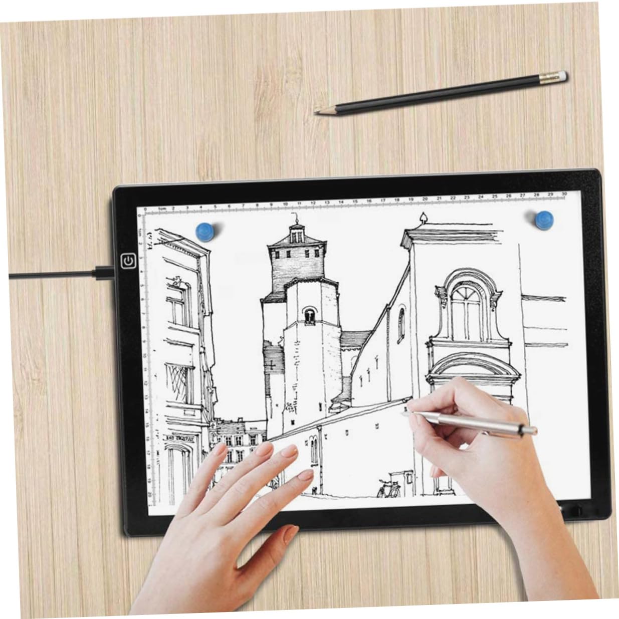 Healeved Tablette Lumineuse A4 avec Règle Intégrée, Planche à Dessin LED pour Calque et Croquis, pour Pratique de Peinture et Estampage, Alimentée par USB, Légère et Faible Consommation