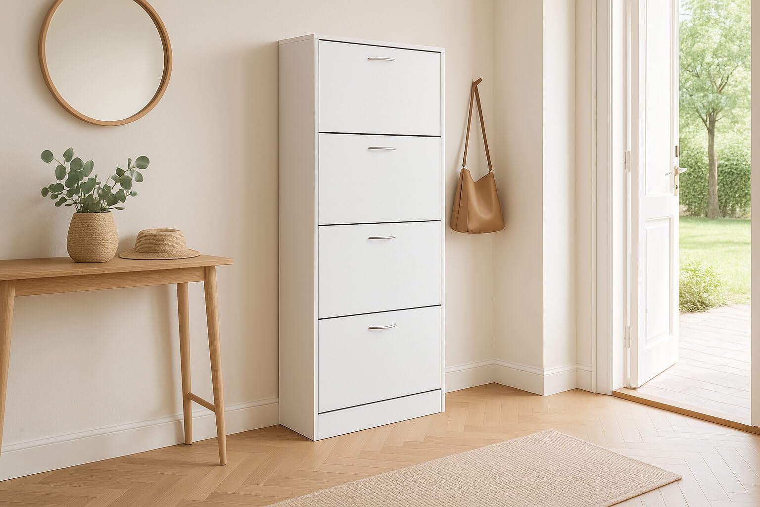 Scarpiera 4 Ante a Ribalta Modello LOLA, Bianco Opaco, 60x24x150 cm, Salvaspazio per Ingresso