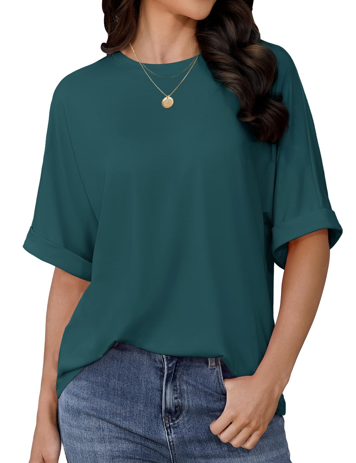 Fashora Tshirt Damen Oversize T Shirt Damen Oberteile Sommer Rundhals Kurzarm Shirts mit Gekrempelten Ärmeln Casual Lockere T-Shirt Enfarbig Basic Tee Tops Tunika Bluse