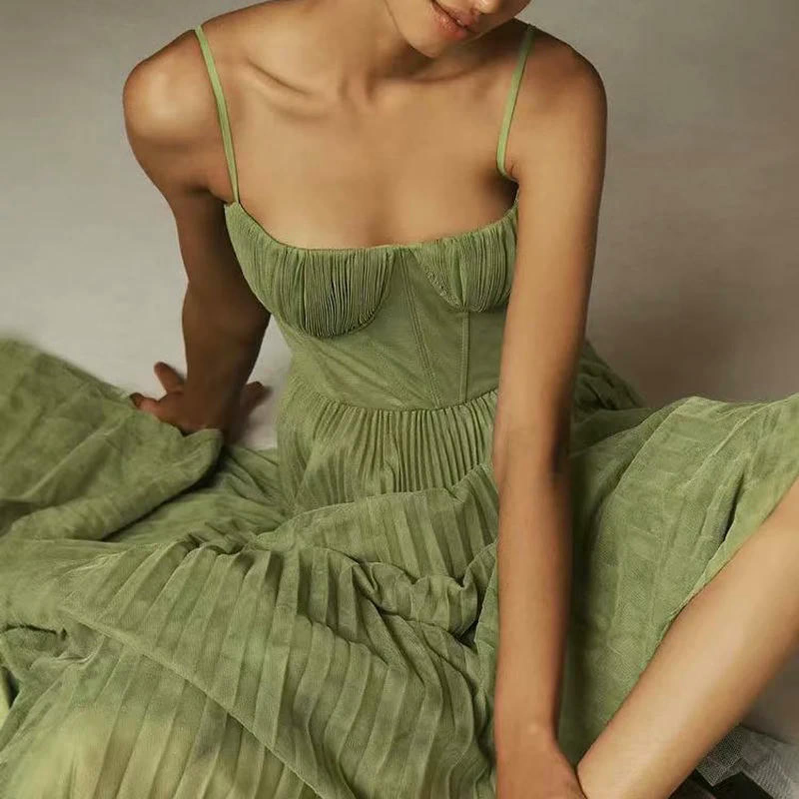 Kobiety Sukienki Gorset Damski Elegancki Spaghetti Strap Bustier Midi Dress Low Cut Flowy Pleated Hem Formal Dresses With