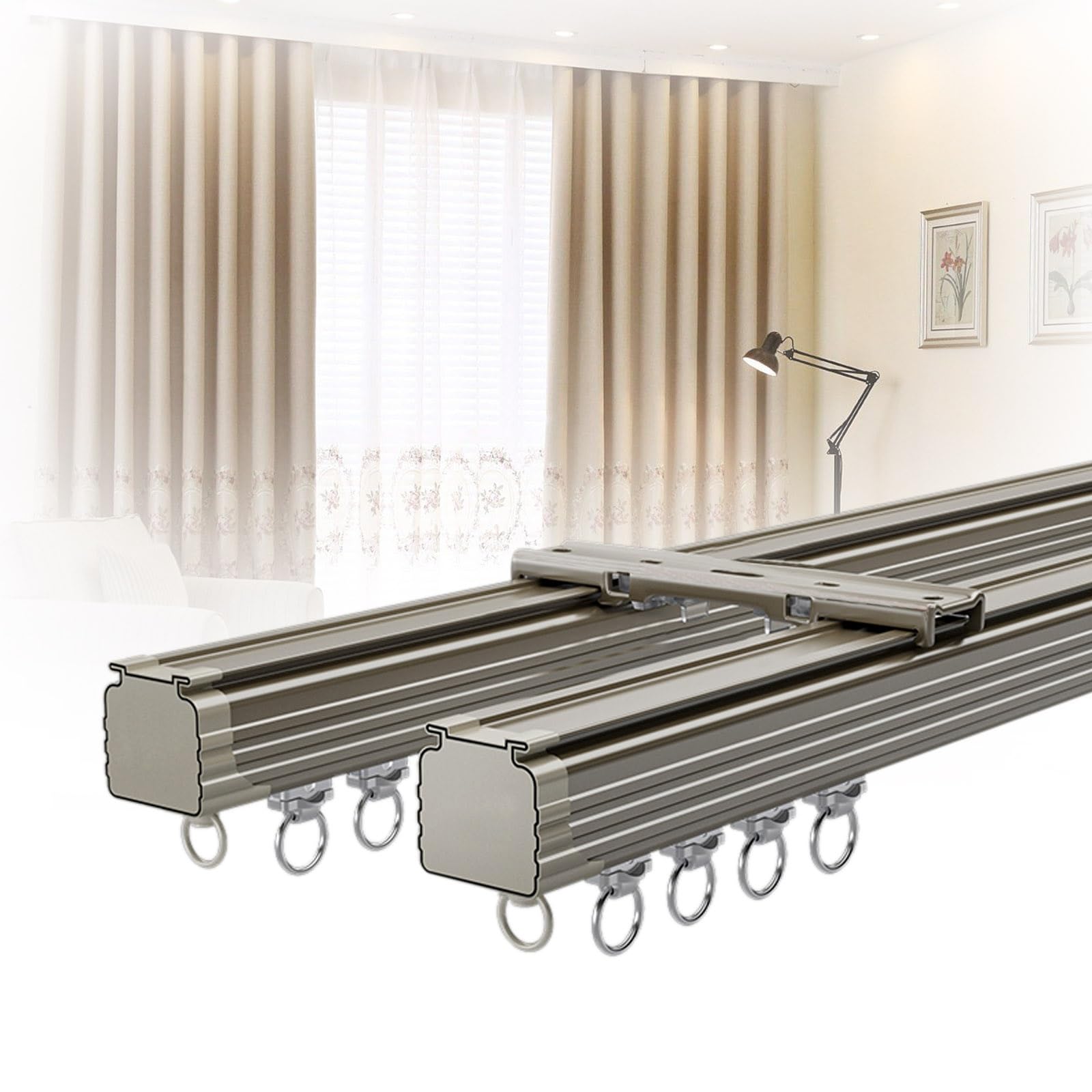 Doppelläufig Alluminio Vorhangschiene 2läufige Deckenschiene für Wohnzimmer Schlafzimmer & DuschabtrennungStumm 110m (470cm)