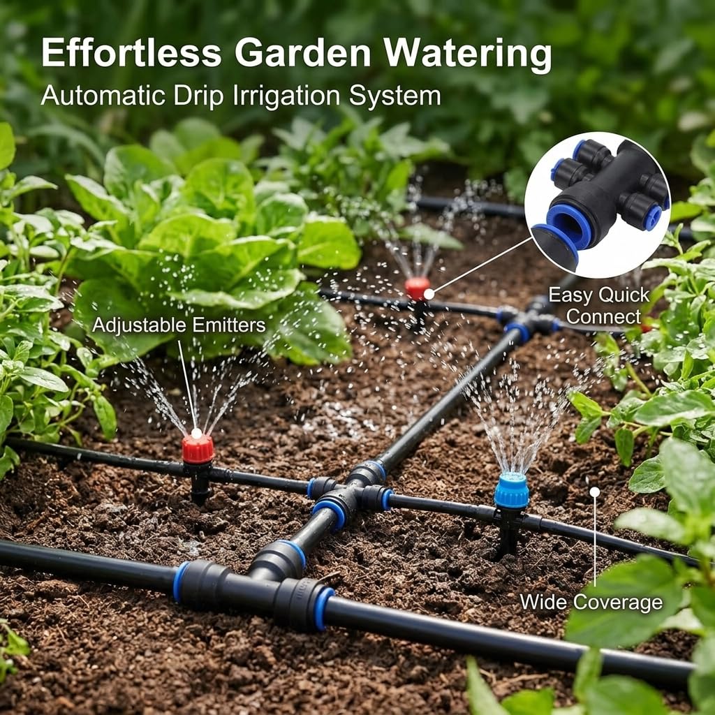 Kit Irrigazione a Goccia 15+60m, di Irrigazione Automatica per Giardino e Orto, Tubo Irrigazione a Goccia in PE