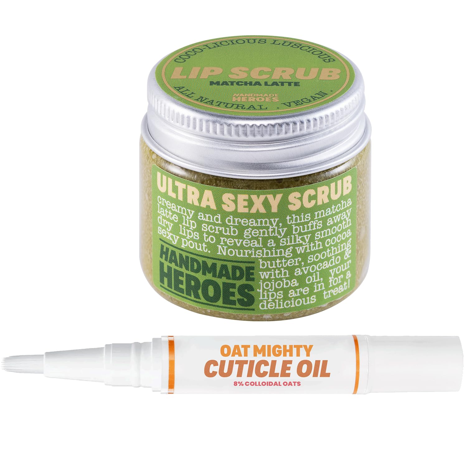 Handmade Heroes Lip Scrub and Cuticle Oil Pen Bundle - All Natural, Vegan Conditioning Lip Scrub and Repairing Cuticle Oil Pen