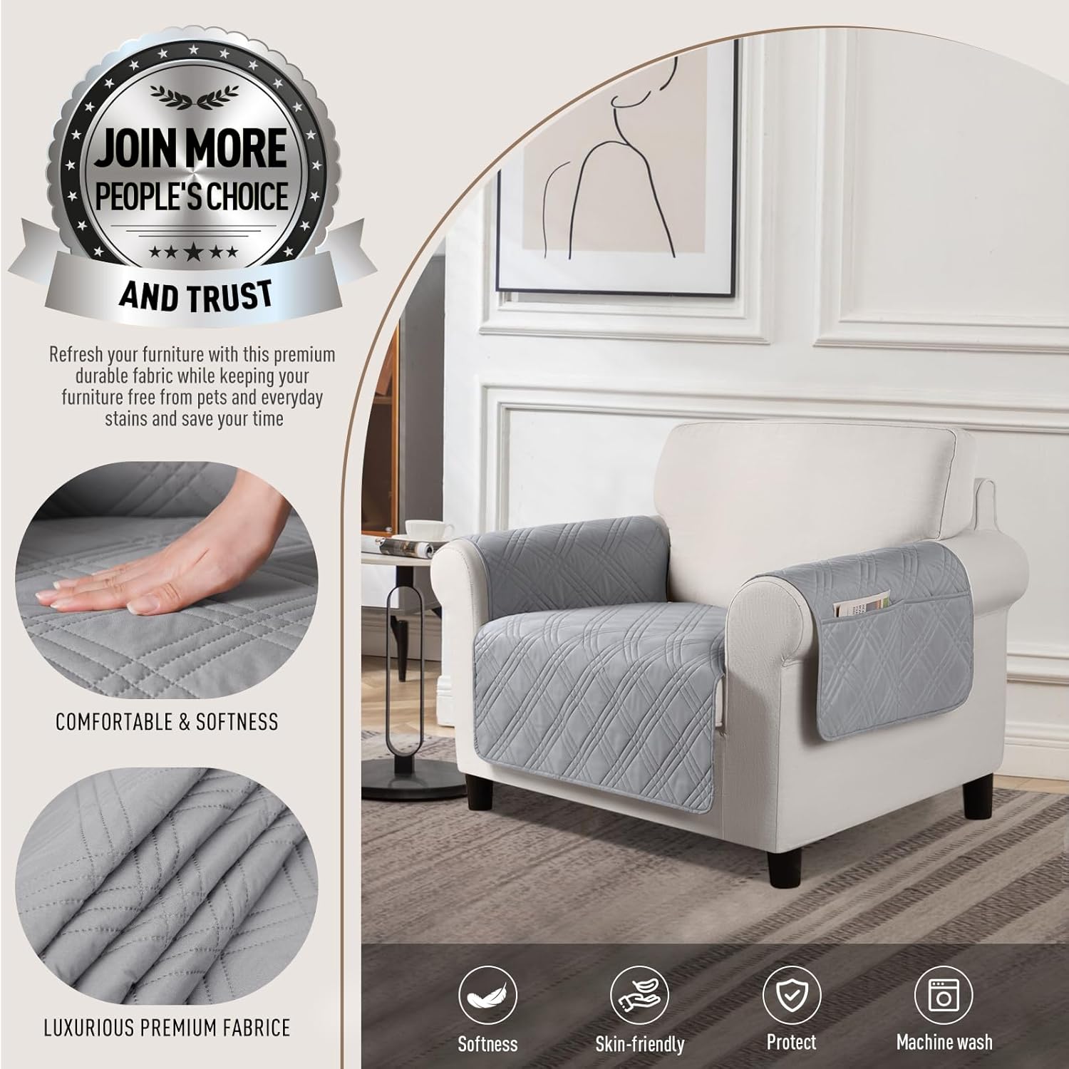 TAOCOCO Waterproof Chair Covers for Pets Dogs with Non Slip Backing, Chair Seat Covers with Side Pocket for 1 Seater Couch Washable Dog Couch Cover Protector Sofa Slipcovers(Chair, Light Gray)