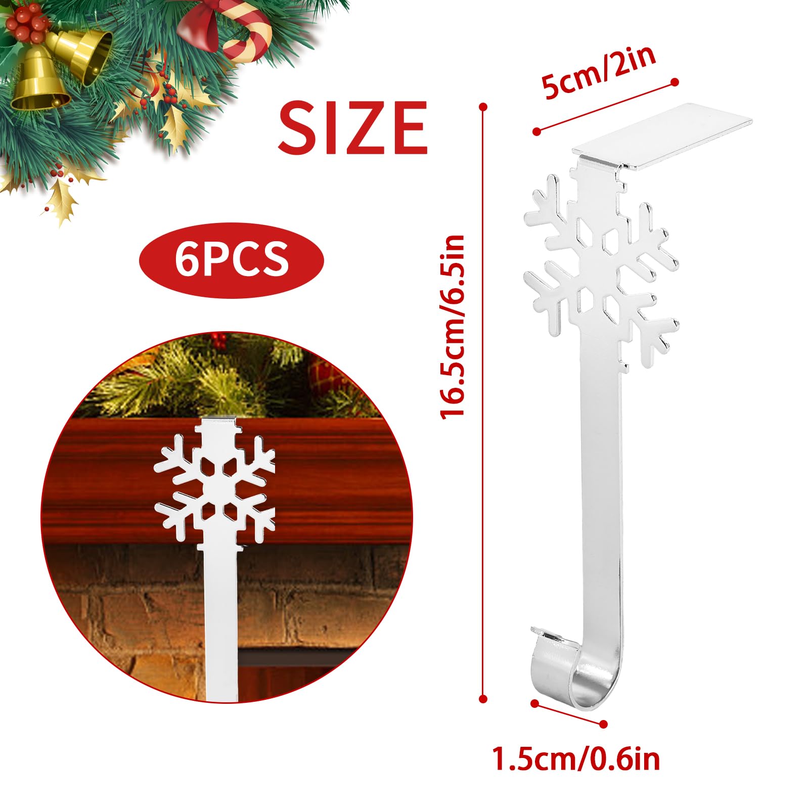 Set di 6 Ganci in Metallo con Motivo Natalizio Supporto per Calza di Natale Decorazioni Natalizie Ganci di Natale Porta Calze, Babbo Natale Pupazzo di Neve Alce Albero di Natale Supporti (Argento)