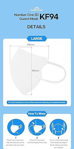 Miniatura 4 de Un juego de 25 unidades de mascarillas faciales blancas 2D KF94 de HAPPYDAY fabricadas en Corea para adultos.