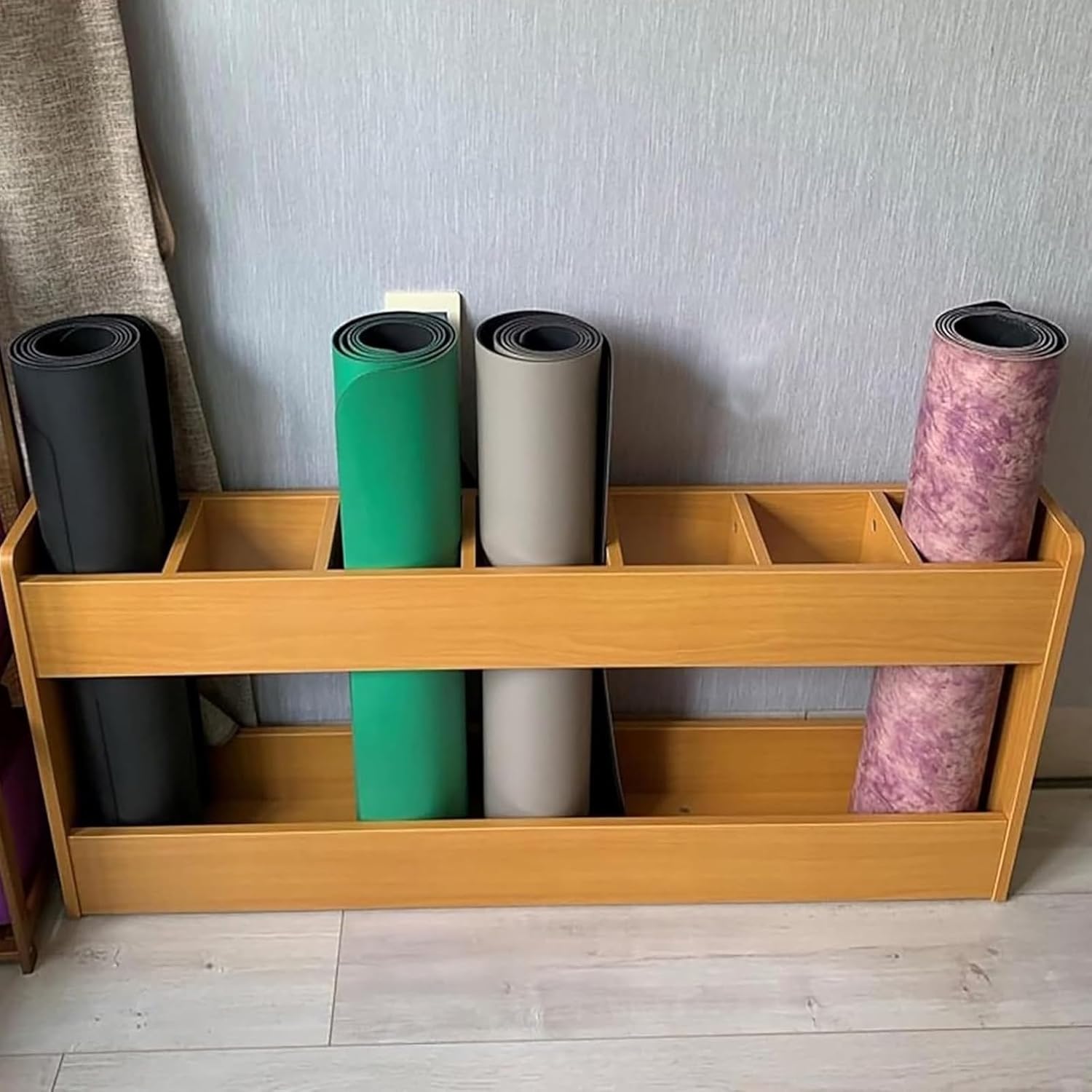Yoga Mat Holder, Home Gym Storage Bin for Yoga, Multifunctional Display Stand for Exercise Mats, Natural Wood Carpet Storage Racks, 5/7/10 Grids Heavy Duty Mats Stand, for Office, Home(7 Grids)