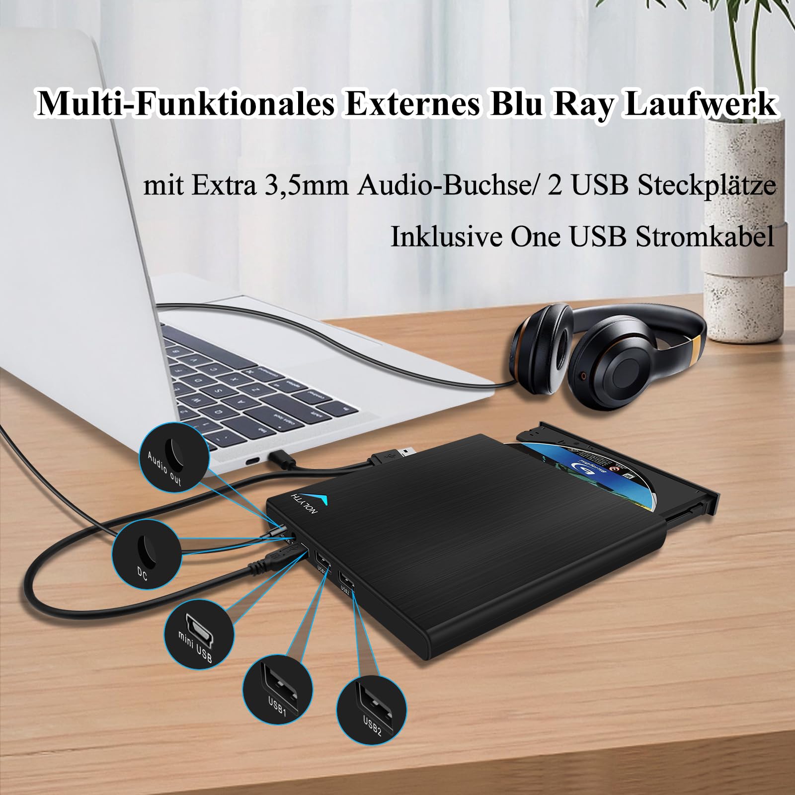 Bluray Laufwerk Extern, Externes Blu Ray Laufwerk Bluray Brenner Extern mit 1 Audio 2 USB Slots, USB C Externe Blu-ray Laufwerke Bluray Player für Laptop Mac PC Windows MacBook