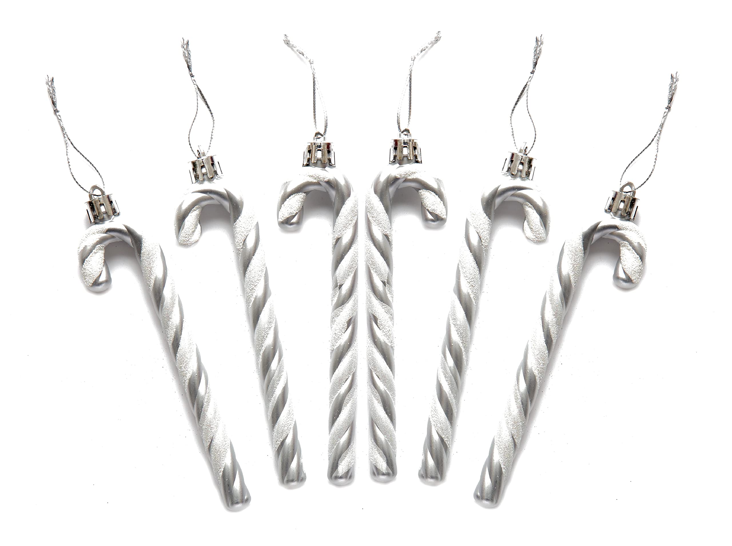 Simply Products Silver Pack Of 6-13Cm Glitter Candy Cane –Christmas Tree Hanging Decoration Bauble Xmas Ornament (Silver)