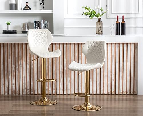 Miniatura 9 de CIMOTA Juego de 2 taburetes de bar giratorios ajustables y modernos, color dorado, para isla de cocina, taburetes de bar altos de terciopelo con