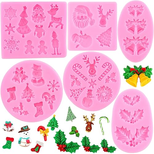 Mujiang Moldes de fondant de Navidad, copos de nieve, campana, hoja de acebo, reno, Papá Noel, chocolate, caramelo, moldes de silicona para Navidad,