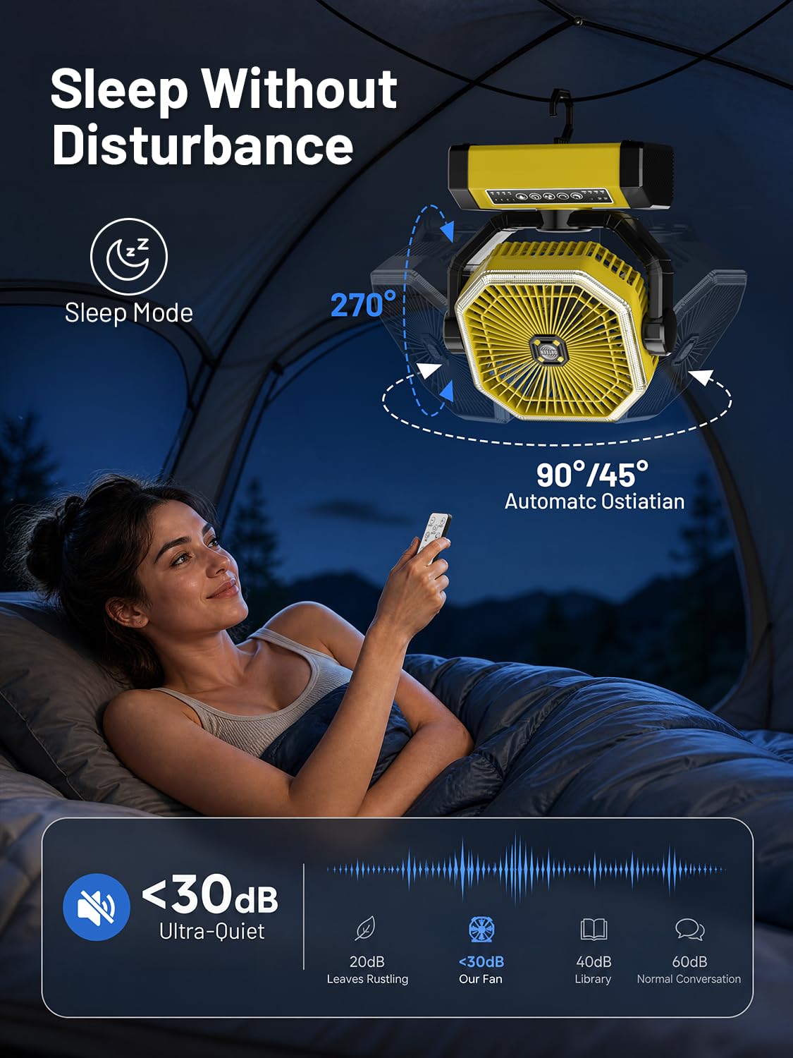 Ventilatore da tenda - Ventilatore da 9 pollici a batteria per il campeggio, 24000mAh 60h, ventilatore portatile ricaricabile con luce, telecomando, 4 velocità, 4 timer, testa oscillante, giallo