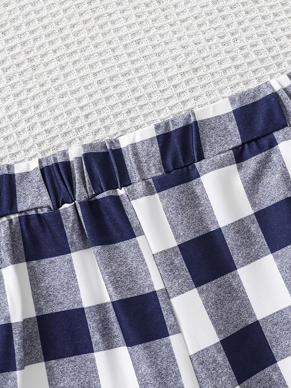 PABROS Girl's Cotton Lycra Pajama Set, Button-Down Long Sleeve Top with Pants, Checkered Pattern, Summer Loungewear Sleepwear Blue 3