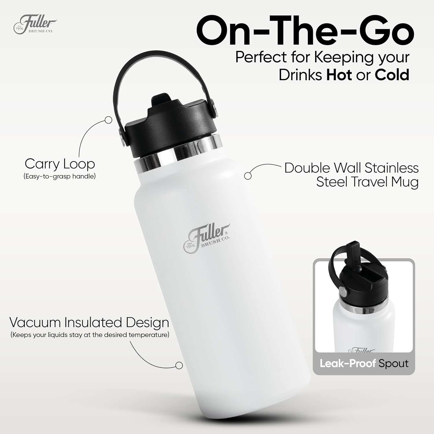 Fuller Stainless Steel Water Bottle with Straw Lid – BPA-Free, Sweat-Proof, Leak-Proof Travel Mug – Double Wall Insulated for Hot & Cold Drinks – Carry Handle (White, 32 Oz.)