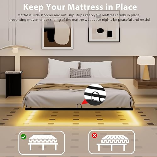 Miniatura 6 de Base de cama flotante tamaño Queen con luces LED inteligentes, plataforma de metal moderna, marco de cama flotante Queen – Resistente y fácil