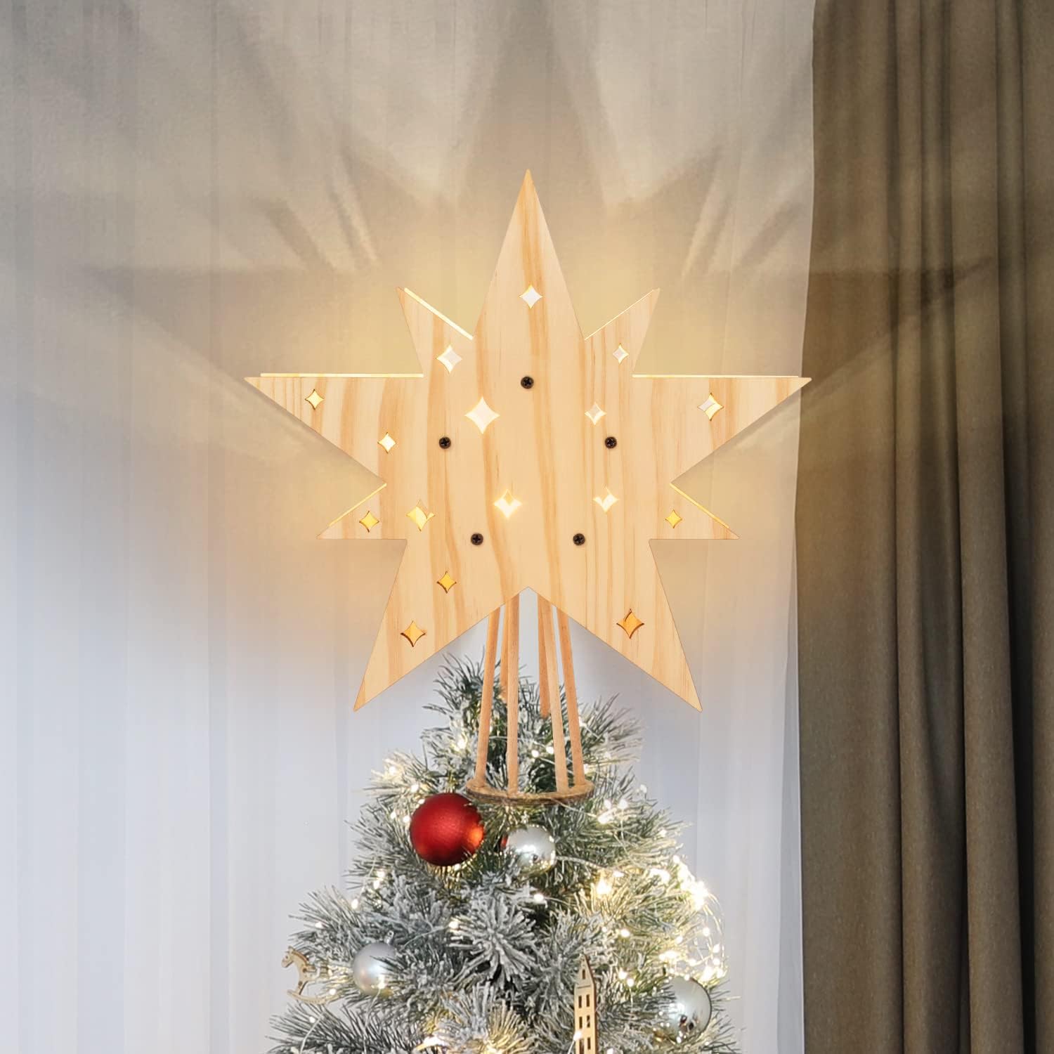 Creawoo Star Christmas Tree Topper LED Wooden Lighted Treetop with Hollowed Design Christmas Decor