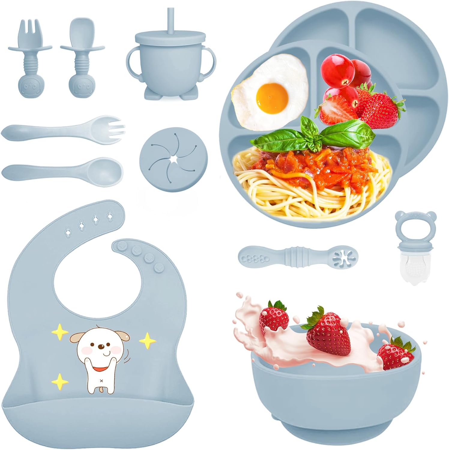 Vajilla Bebe Silicona, 12 Piezas Vajilla de Silicona para Bebés Antideslizante con Plato Cuenco Babero Taza, Cubiertos Bebe, Baby Led Weaning, Cubiertos Infantiles, Sin BPA (Azul)