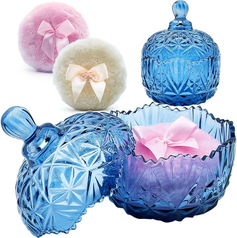Pote de vidro para pó com 2 puffs, 10,16 cm, Crown, cinza-azulado