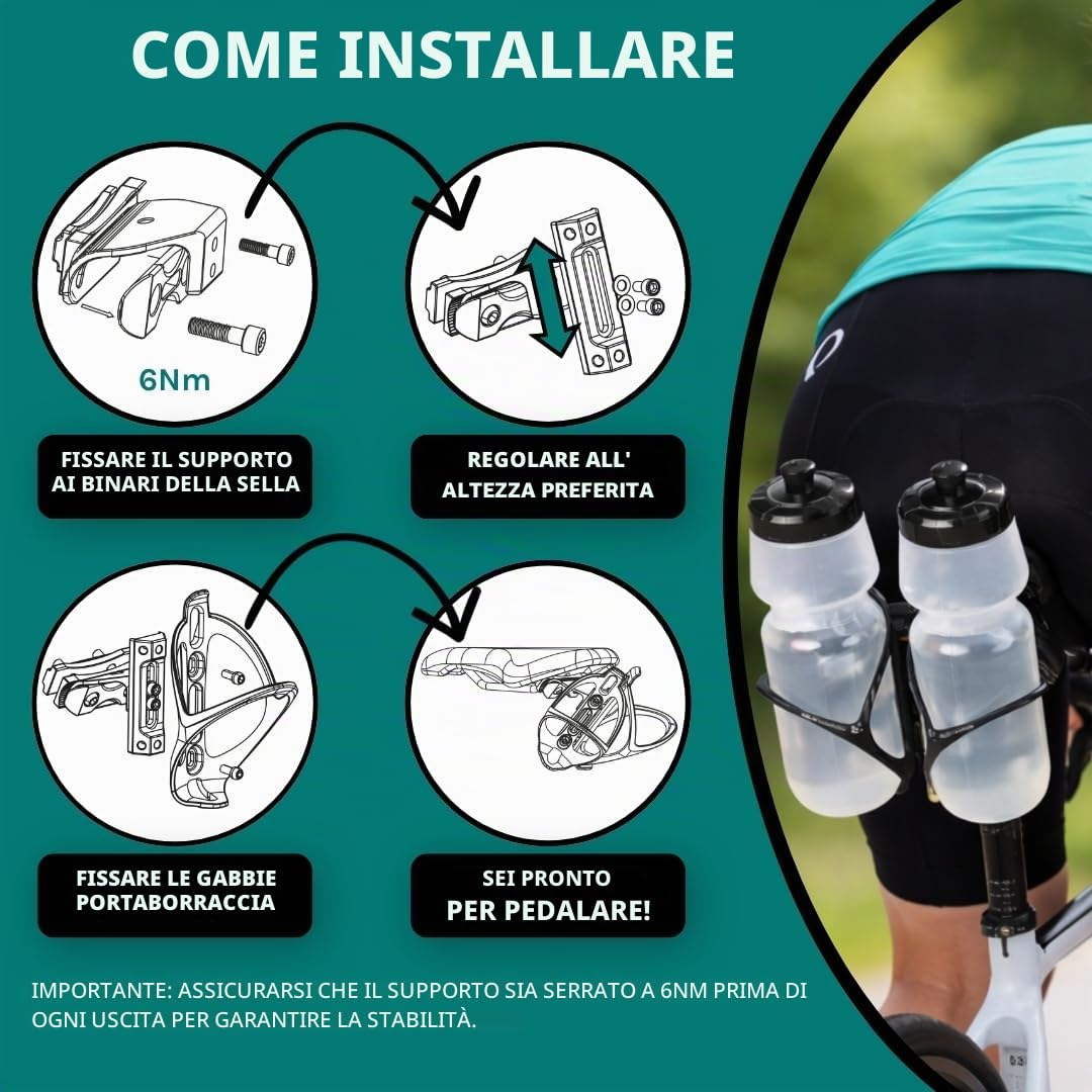 VeloChampion Porta Borraccia Universale per Bici | Supporto Idratazione Posteriore Triathlon e Ciclismo su Strada | 1 o 2 Borracce fino a 750 ml e CO2 | Compatibile con Binari Sella 50–80 mm (Premium)