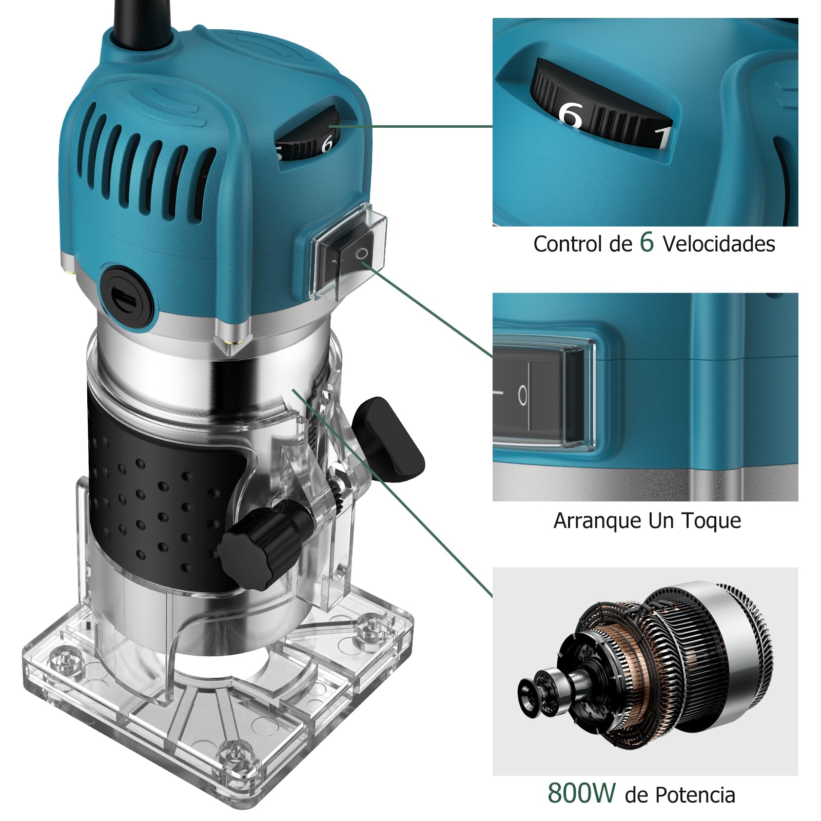 JiGiU Fresadora de Madera 800W Rebajadora Eléctrica 6.35mm(1/4 pulgada) 30000r/min con Función de Control de Velocidad para Ranurado Rectificadora con 15piezas Fresas