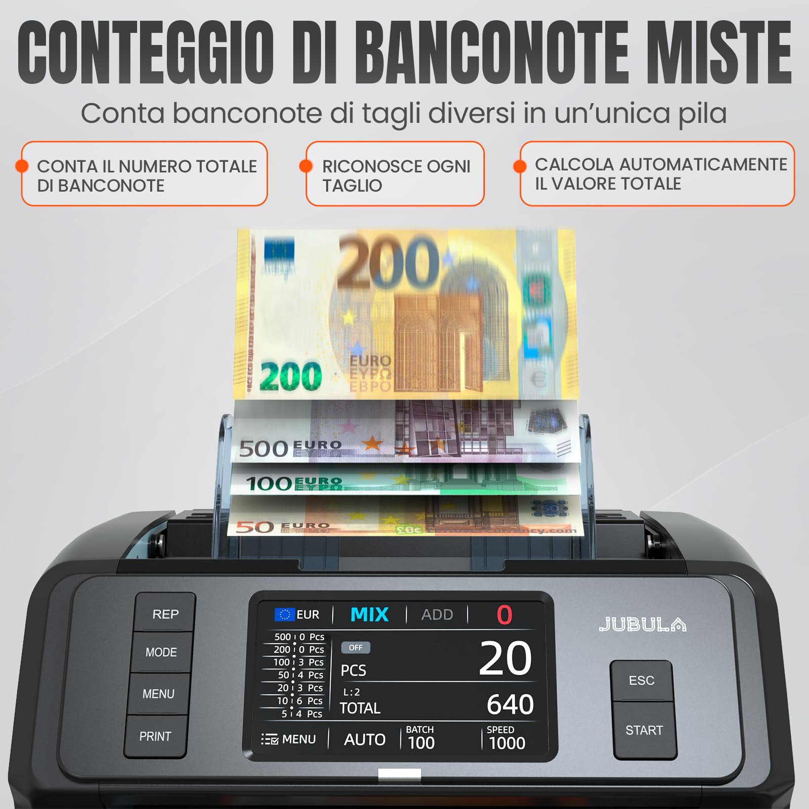 MV-400 contabanconote 1CIS con touchscreen | sicuro, preciso, veloce | rileva soldi falsi | conteggio misto, rilevamento banconote false testato BCE, 10 valute