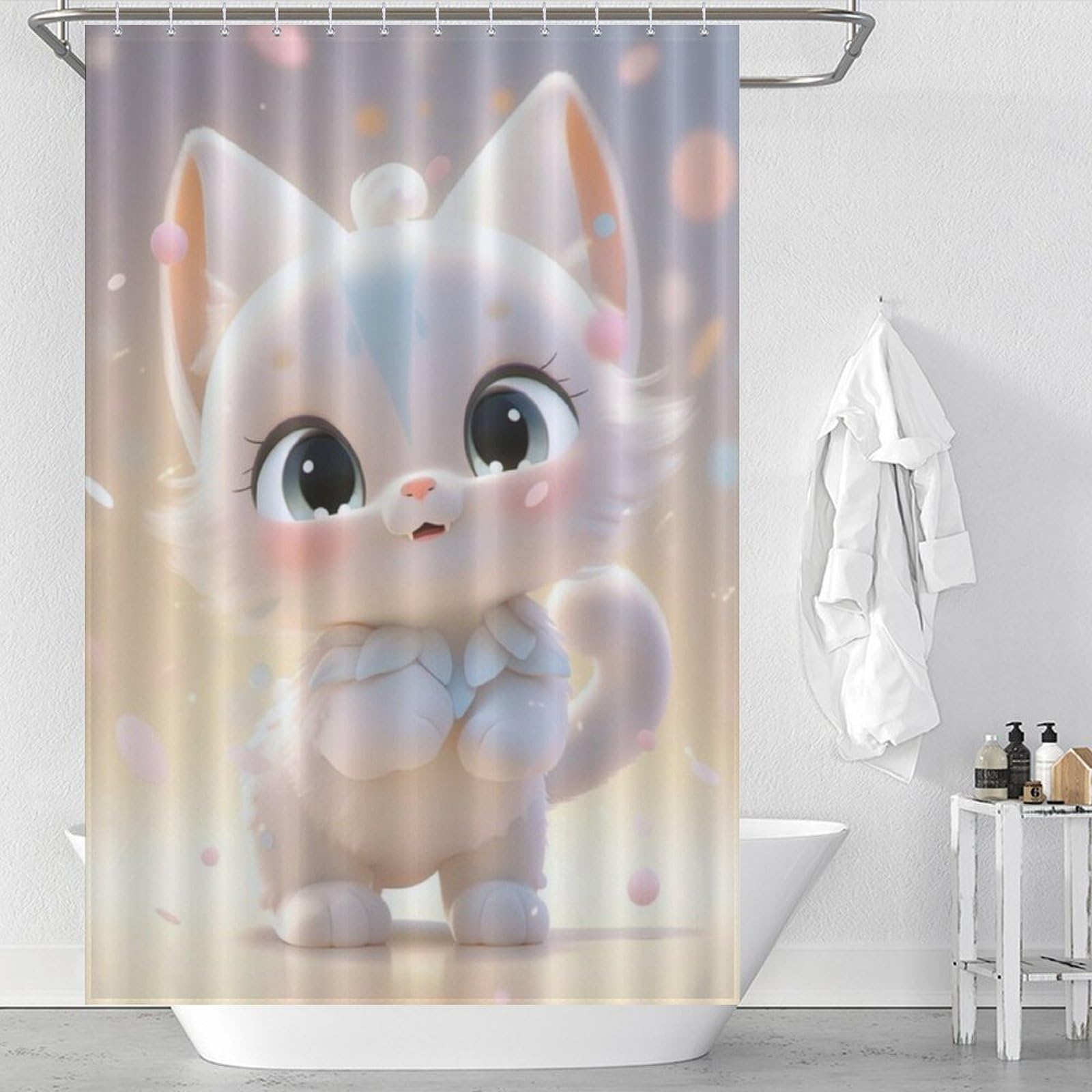 Rideau de douche chat mignon en polyester lavable 122x183cm pour salle de bain