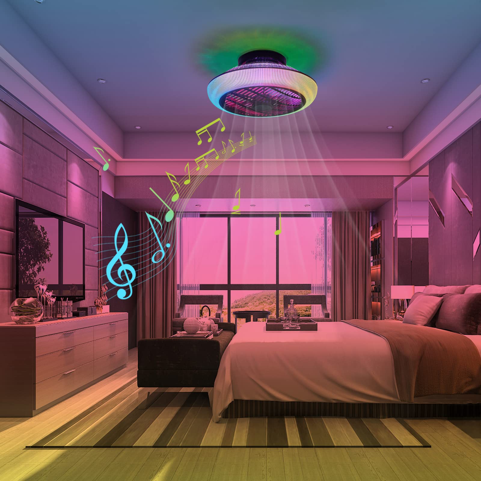 VOMI Ventilatore da Soffitto con Luce e Telecomamdo RGB Dimmerabile Lampadario Ventilatore da Soffitto Reversibile Silenzioso con Altoparlante Bluetooth Lampada con Ventilatore da Soffitto 6 Velocità