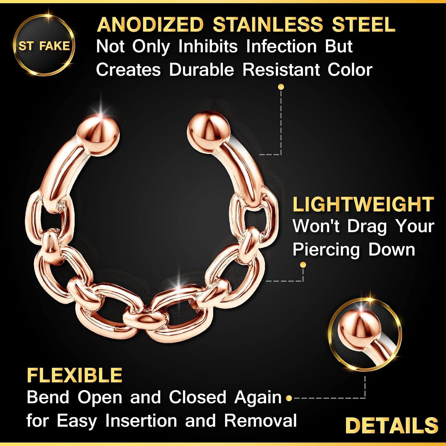 316L Stainless Steel Illusion Fake Septum Ring Chain 16 Gauge 5/16 8mm Nose Earrings Non Pierced Jewelry