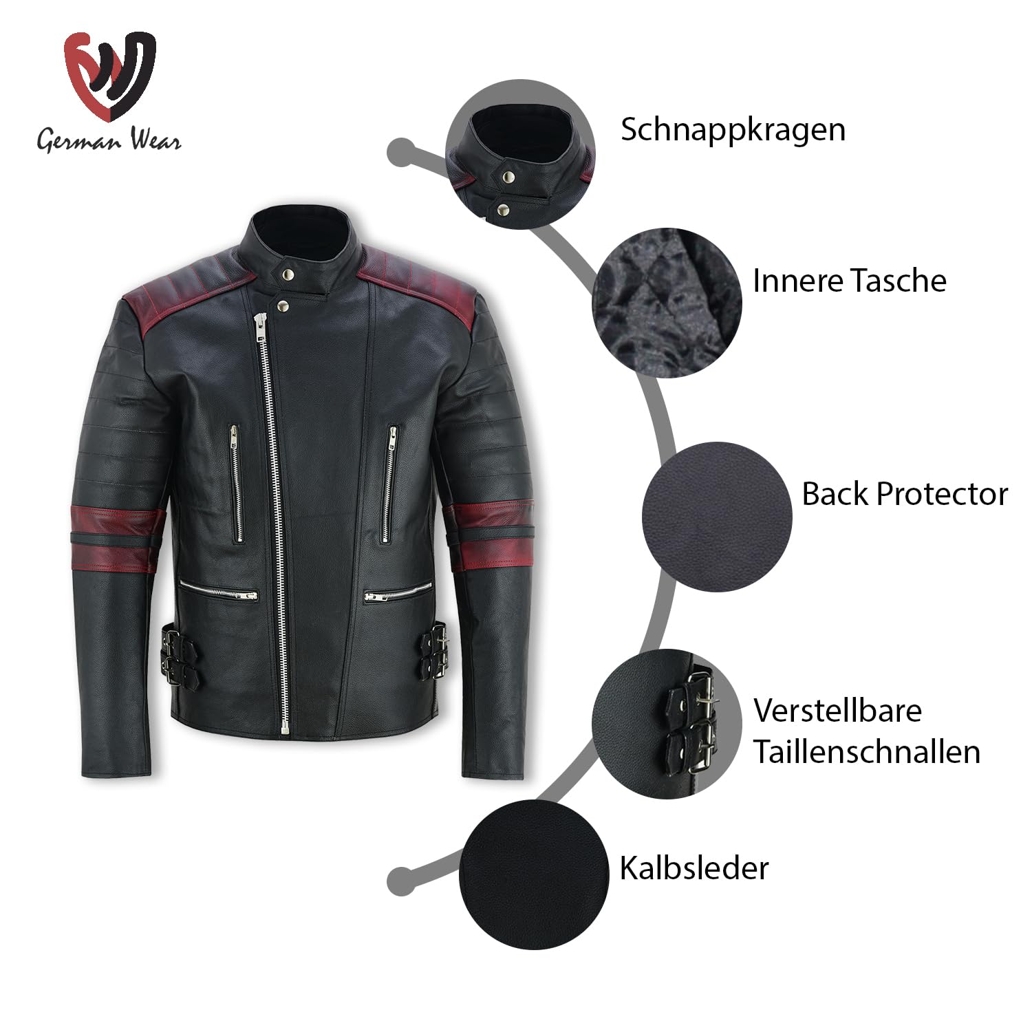 German Wear Leder Motorradjacke Oldschool Retro, Schwarz/Weiß