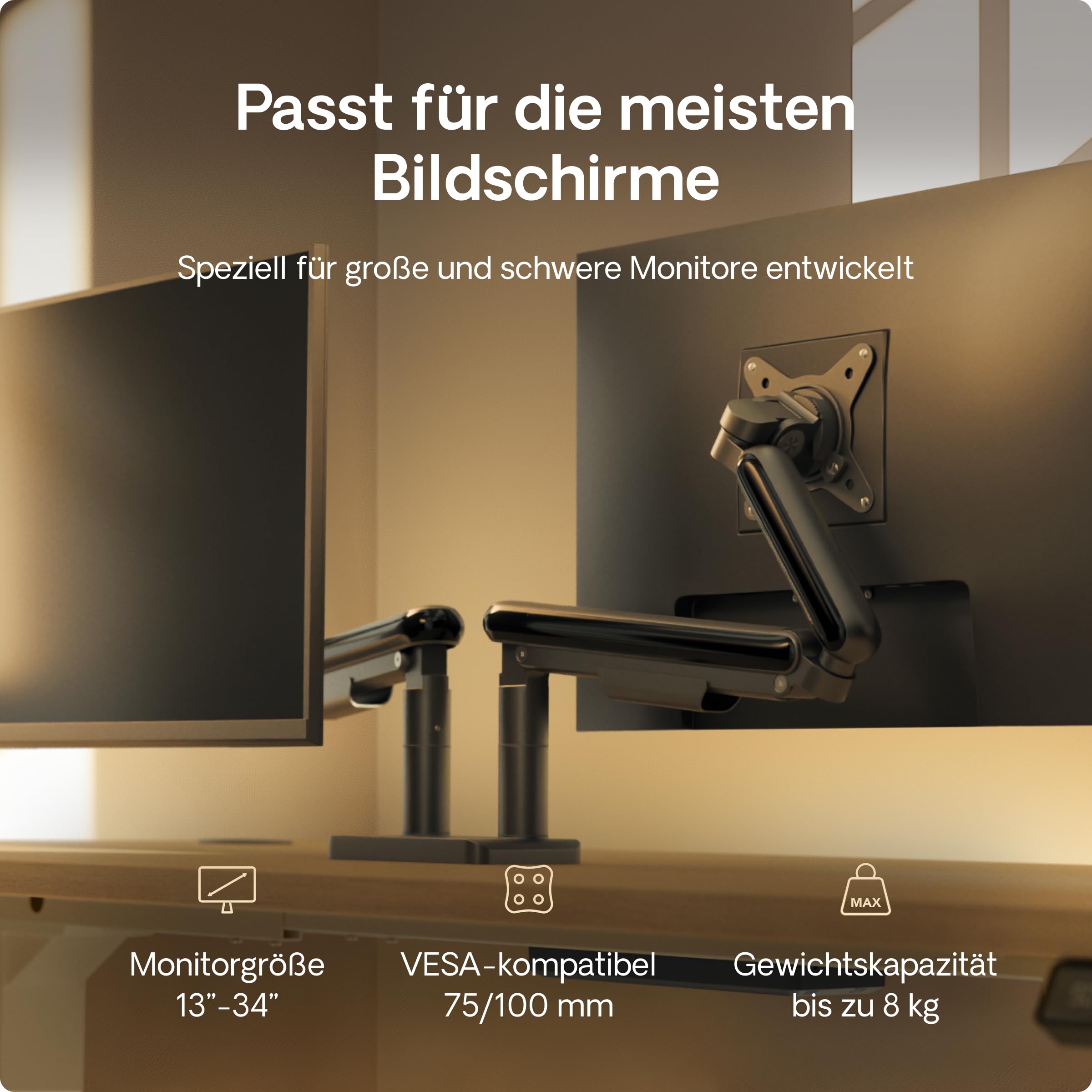 Desktronic Doppelte Monitor Halterung, Bis zu 32" & 8kg, 360° Drehung, Höhenverstellbar, Robuste Bauweise, Einfache Montage, Für Große Bildschirme, Ergonomisch, Passend für alle VESA 75/100