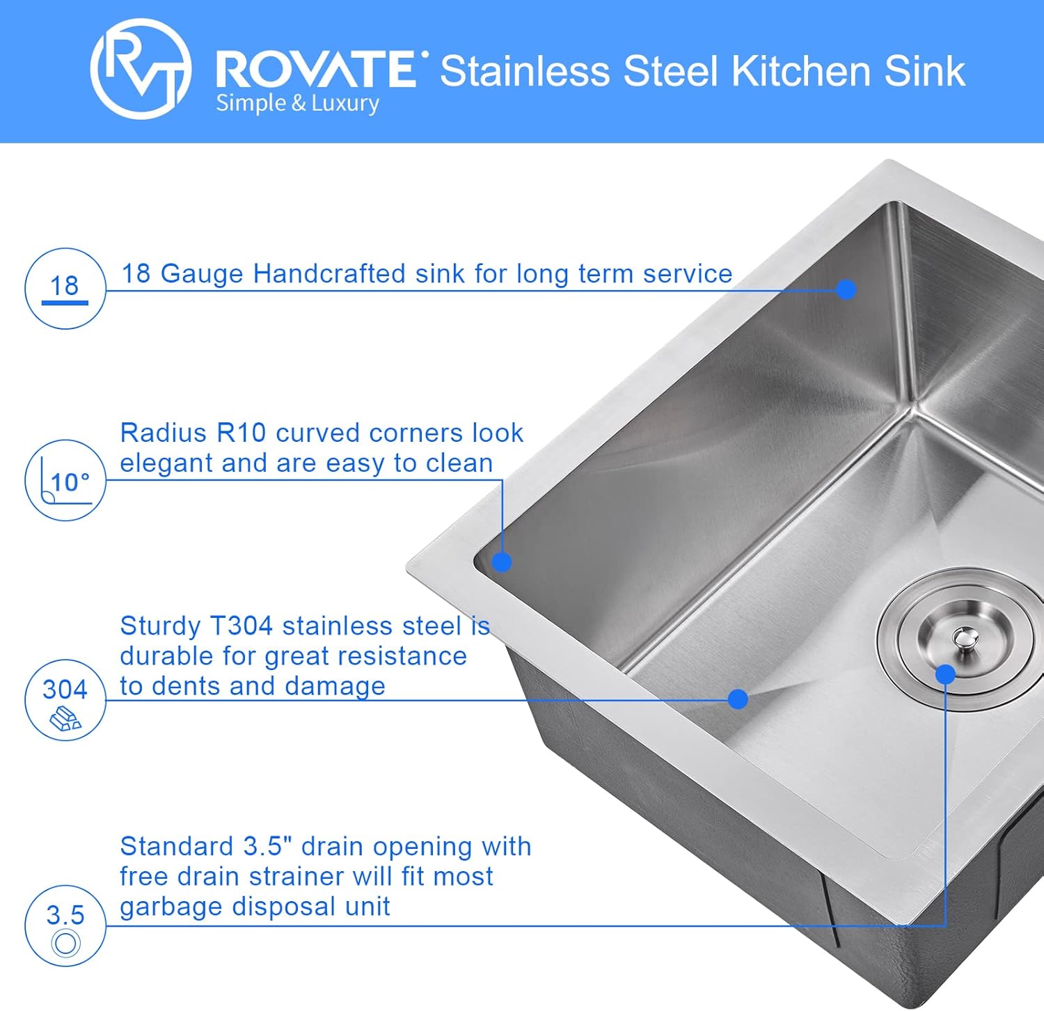 Bar Sink, ROVATE 13 x 15 inch Undermount Bar or Kitchen Sink, Handmade Single Bowl T-304 Stainless Steel Small Wet Bar Sinks